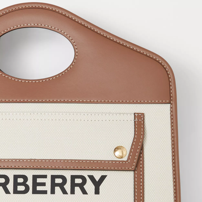 BURBERRY BAG TWO-TONE CANVAS AND LEATHER SMALL POCKET TOTE